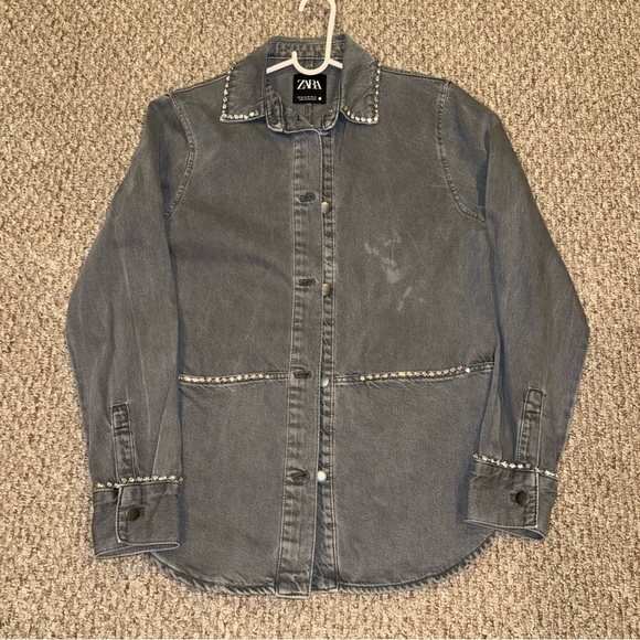 Zara Gray Denim OVERSIZED Button Up Shirt with embellishments - Picture 1 of 6